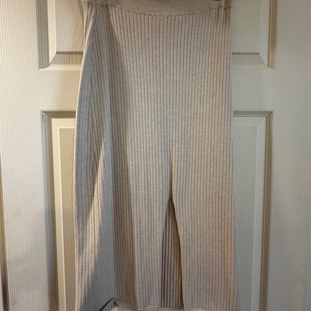 Free People Cream Ribbed Skyline Midi Skirt with Front Slit - Picture 2 of 5
